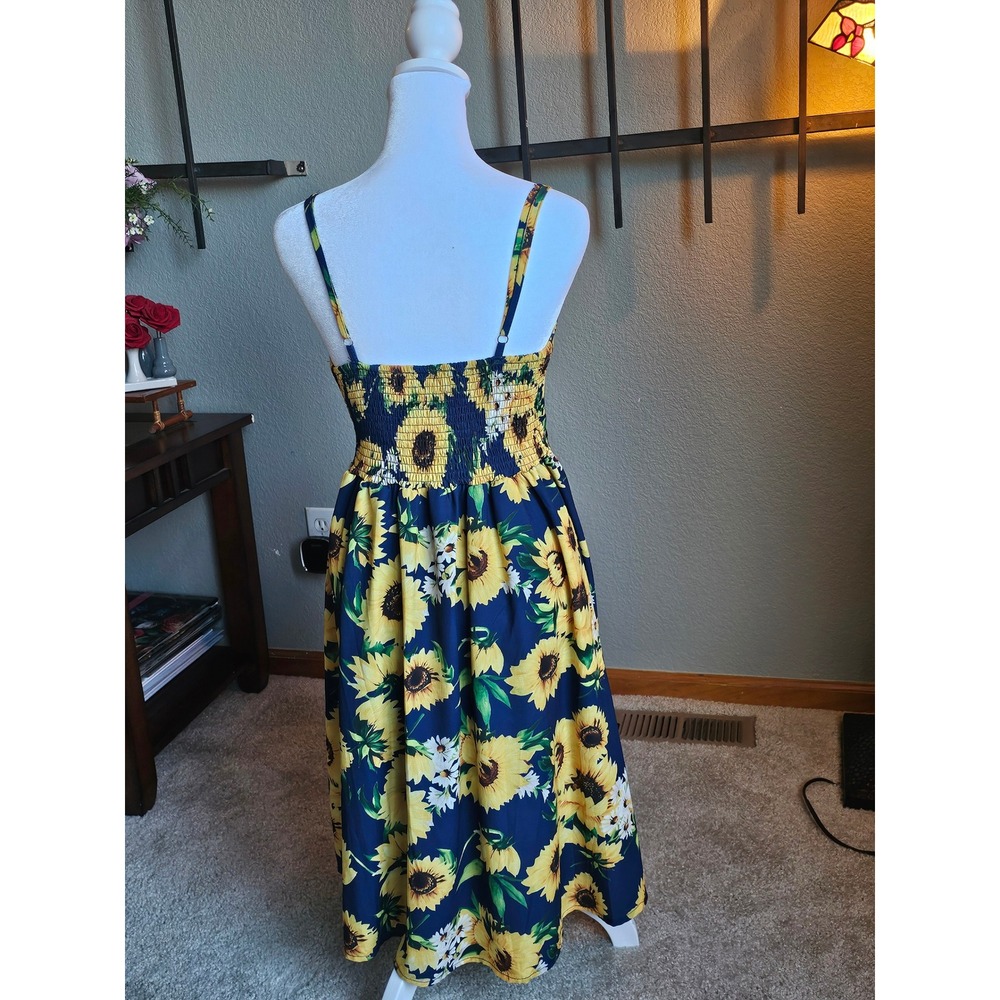 FANCYINN Sunflower Midi Dress Women Medium Blue Cutout Front Smocked Back - Picture 2 of 8